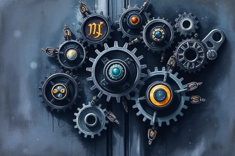 Abstract digital painting of interlocking gears and cogs, some with planetary symbols, representing complex, interconnected psychological and astrological dynamics.