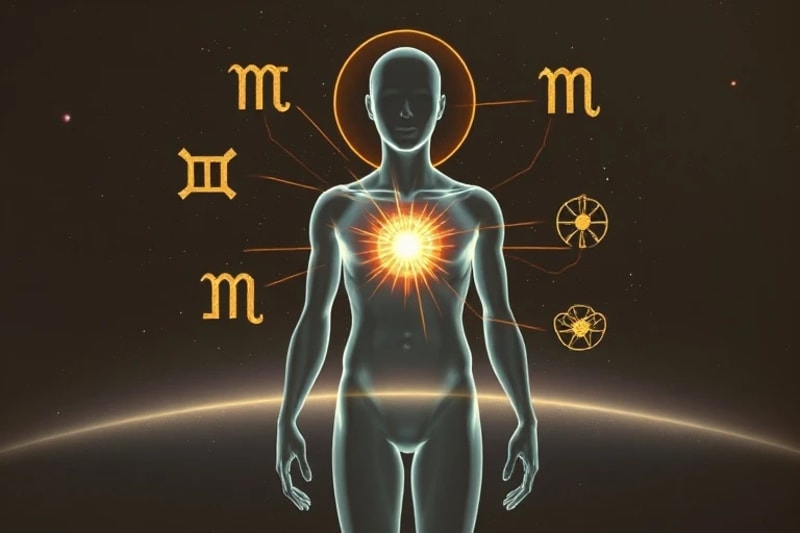 Conceptual 3D render of a transparent, faceless human figure with glowing energy lines connecting to a constellation of astrological glyphs, symbolizing inner world and cosmic reflections.