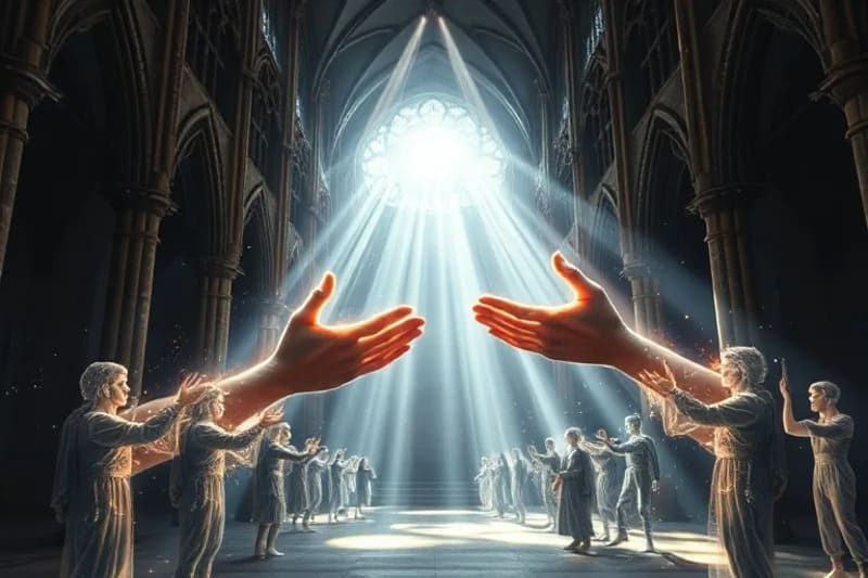 Manos etéreas desenredando hilos de luz conectados a figuras humanas transparentes