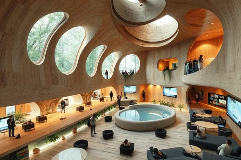 3D render of a futuristic communal living space with natural patterns and smart lighting