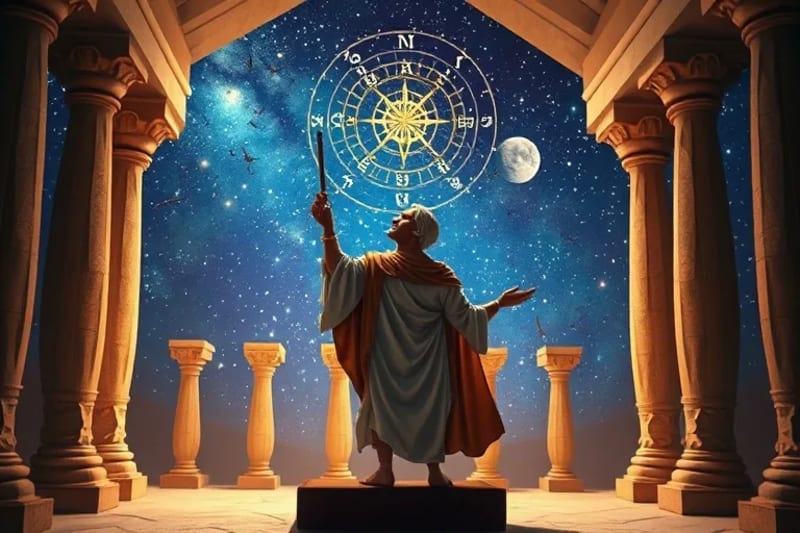 Ancient priest observing stars from a temple, Mayan glyphs