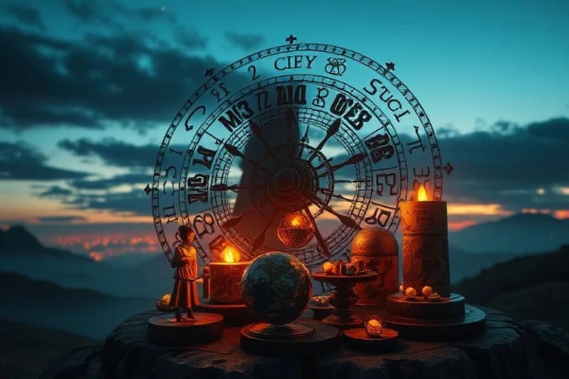 Abstract representation of celestial mechanics, ancient symbols, and planetary models