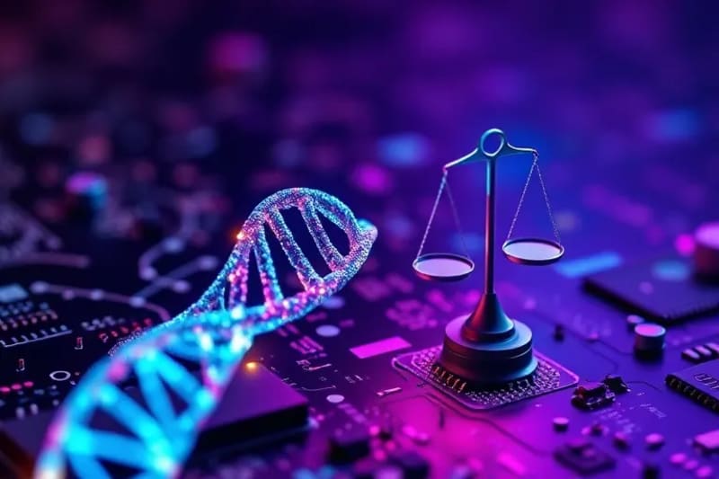 Representación abstracta de dilemas éticos con líneas entrelazadas y una balanza