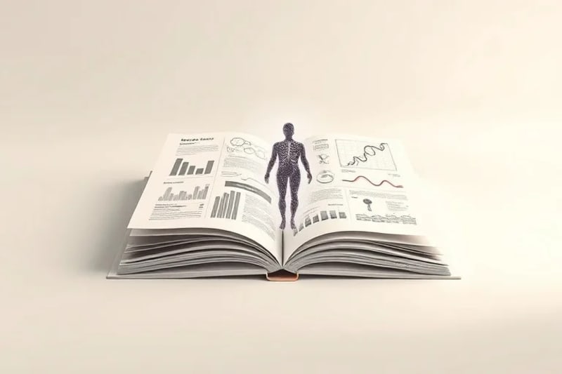 Libro abierto con proyecciones holográficas de datos médicos y modelo de célula