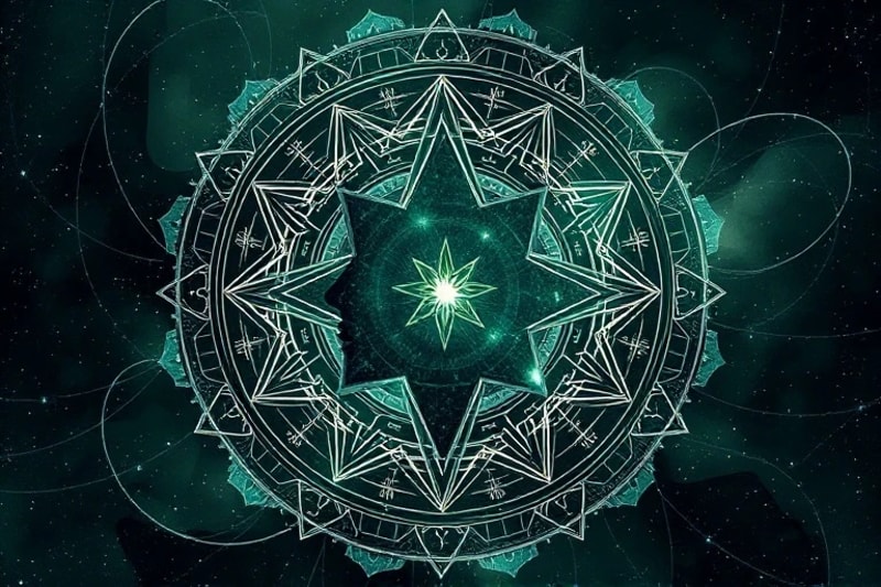 Abstract human silhouette with astrological and genetic patterns