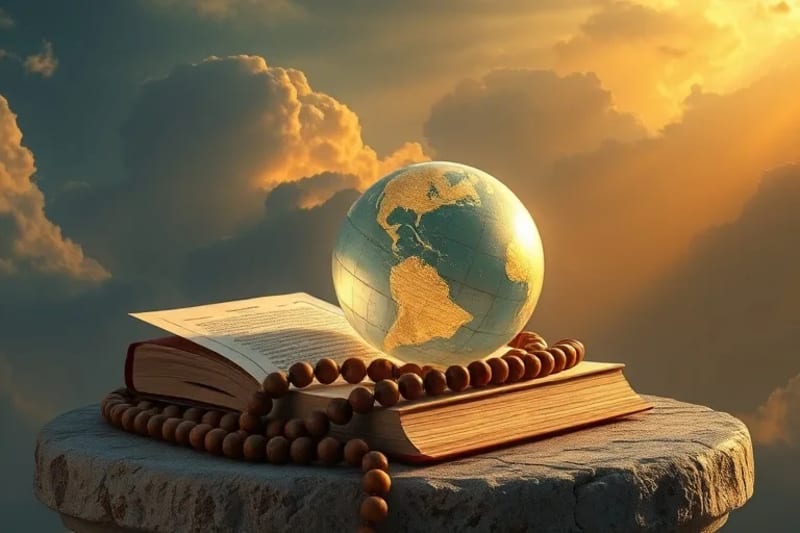 Un rosario entrelazado con un globo terráqueo sobre una superficie de piedra, con un fondo celestial, simbolizando la oración por la paz mundial.