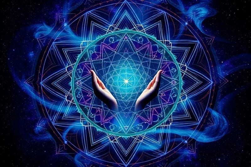 Stylized hands reaching towards each other amidst swirling cosmic energy, symbolizing interconnectedness