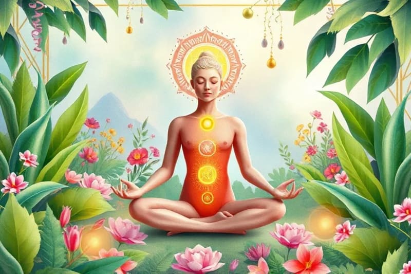 Persona meditando en un jardín botánico, con chakras sutilmente iluminados y plantas circundantes
