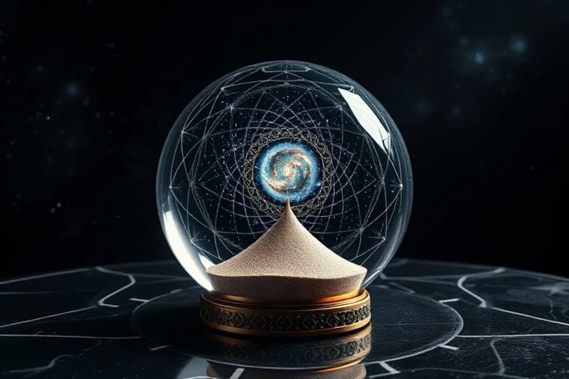 Crystal ball reflecting a galaxy, hourglass with sand flowing upwards, and shimmering light particles on obsidian surface