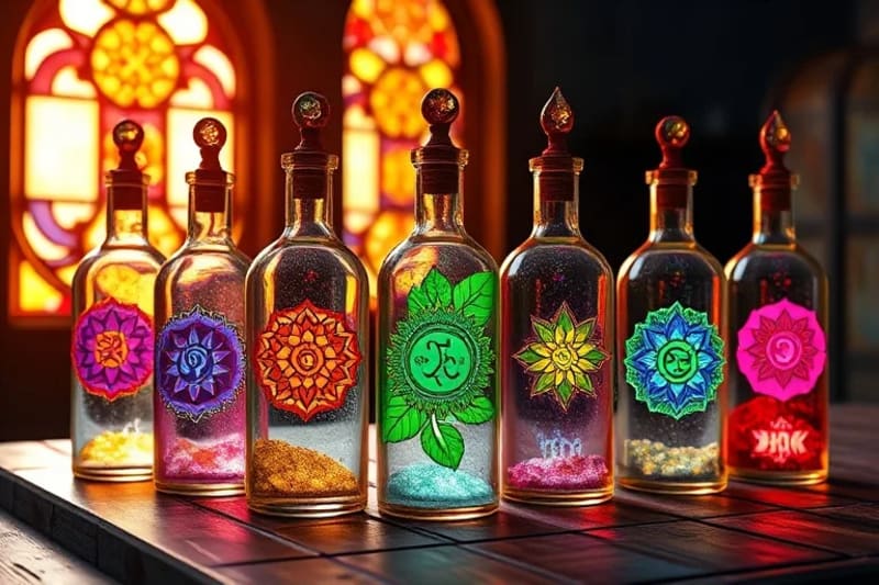 Botellas de cristal con elixires botánicos de colores, cada una con un símbolo de chakra