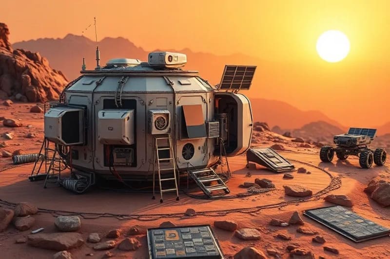 Render 3D de un hábitat espacial modular en la superficie de Marte con equipo científico