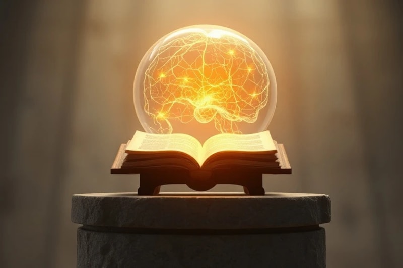 Representación 3D de cabeza humana con vías neuronales y ondas sonoras