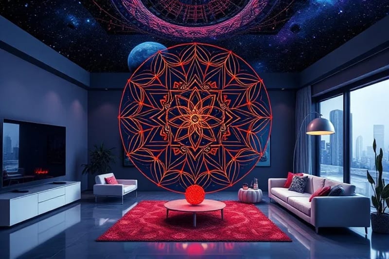 Abstract vector art depicting swirling lines of colorful energy connecting different zones of a modern apartment, representing harmonious Chi flow.