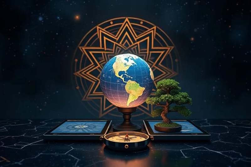 A 3D render of a conceptual still-life: a miniature globe, organized data tablets, a bonsai tree, and a compass, symbolizing a digital nomad's balanced and purposeful journey.