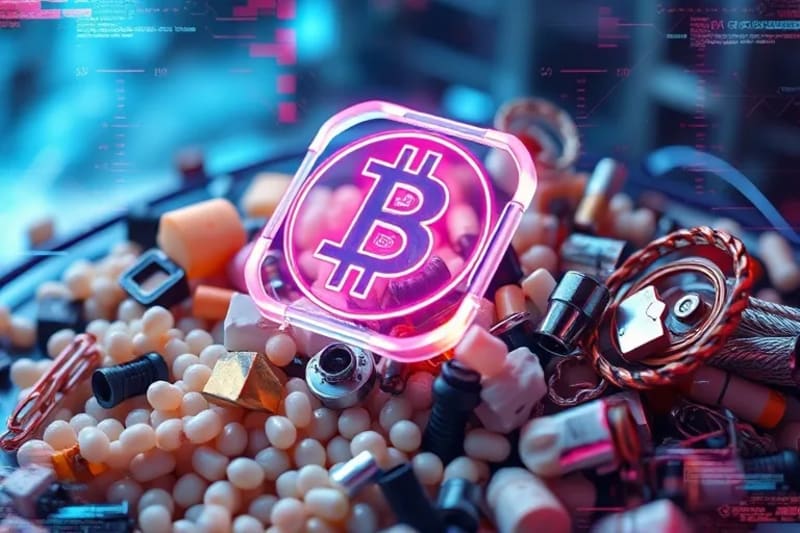 3D render of a smart contract icon over recycled materials.