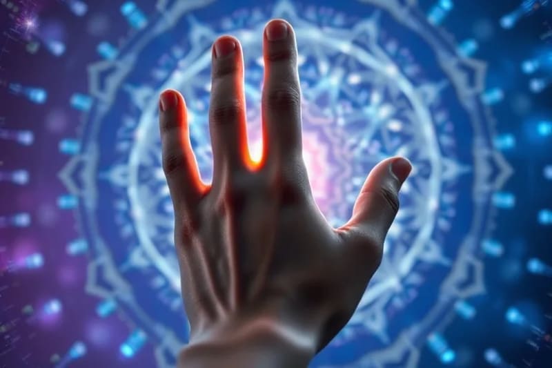 Close-up of a hand touching a biofeedback device, with abstract representations of brainwaves and heart rhythms flowing from the fingertips, symbolizing the connection between touch, technology, and internal states.