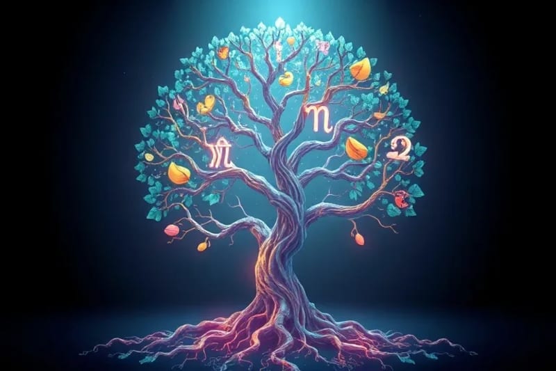 A glowing, stylized tree with roots extending into neural pathways and biometric data streams, representing growth, self-discovery, and the integration of technology with inner wisdom.