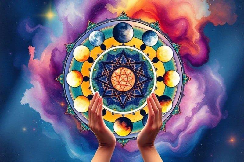 Watercolor painting of lunar phases in a circle with hands reaching towards them