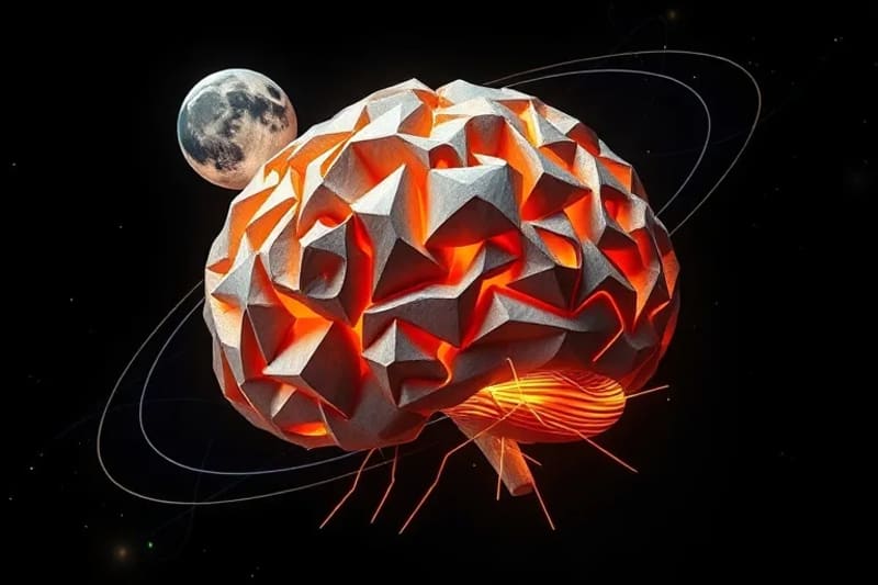 3D render of a stylized brain connected to holographic Earth and Moon