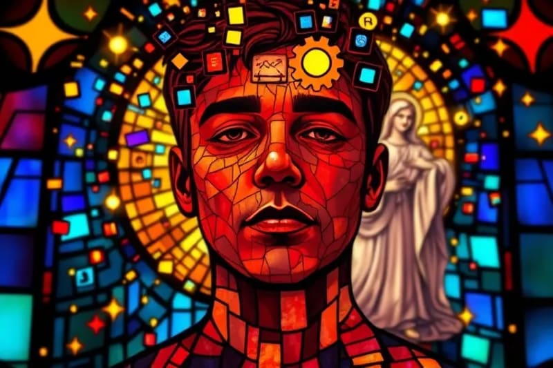 Rostro de persona abrumada por pantallas y notificaciones digitales, con una figura etérea de un santo ofreciendo consuelo en segundo plano.