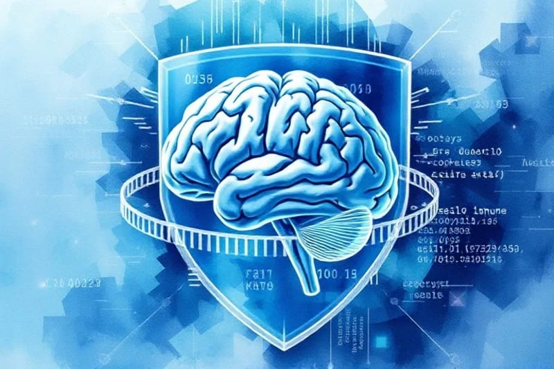 Transparent, stylized human brain encased in a digital interface, surrounded by floating data points and lines of code, with a glowing protective shield.