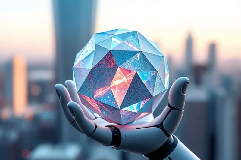 Abstract representation of a digital identity as a shimmering, multi-layered orb with intricate patterns, cradled by a robotic hand, with a futuristic cityscape background.
