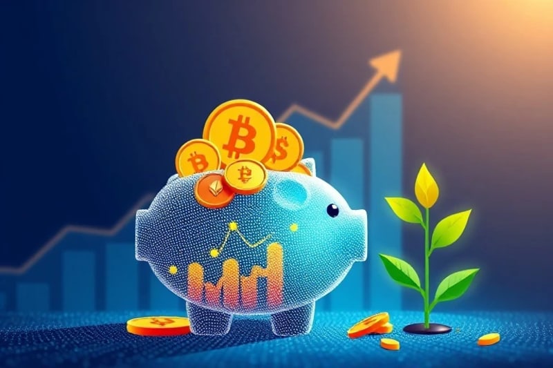 Digital piggy bank with crypto and fiat, growth charts, sprouting plant