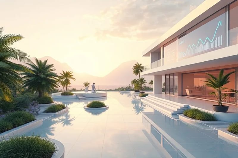 Futuristic retirement home, digital screens with investment graphs, serene landscape