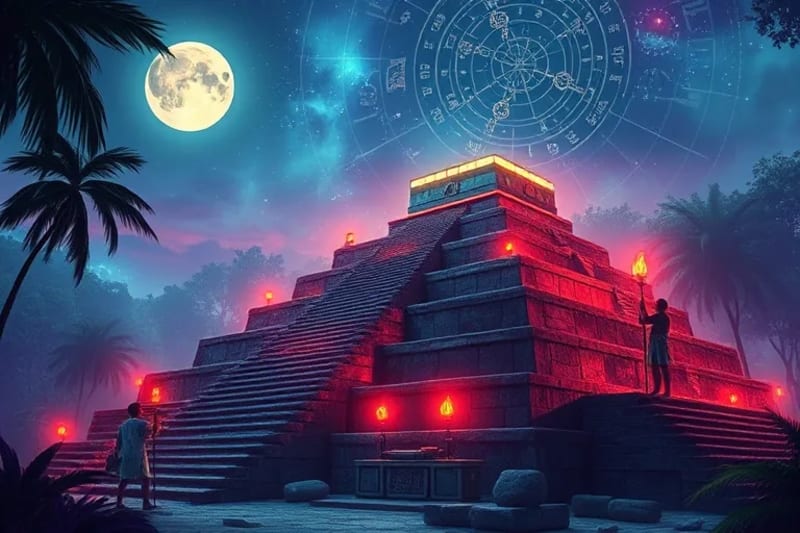 Ancient astronomers observing the night sky with tools