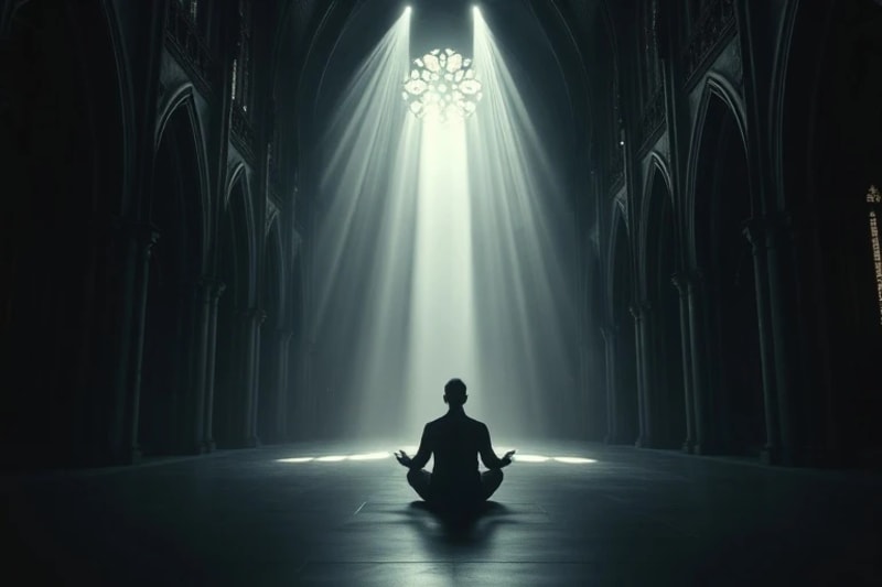 Paz Interior en la Era Digital Representaci贸n de la meditaci贸n en un entorno digital, con una figura en paz rodeada de flujos de datos et茅reos.