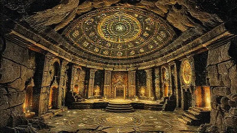 3D render of an ancient temple cross-section with celestial alignments