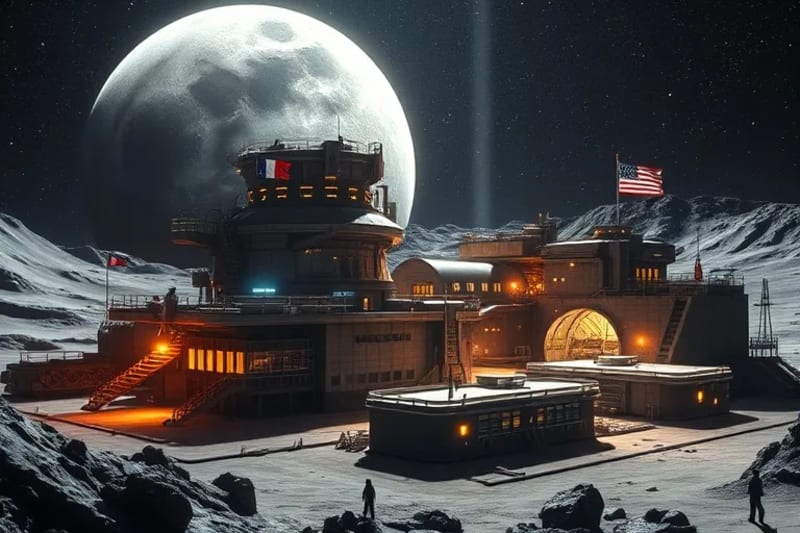 Digital painting of a futuristic lunar base with various national symbols integrated into its design, showcasing international cooperation in resource extraction and scientific research.