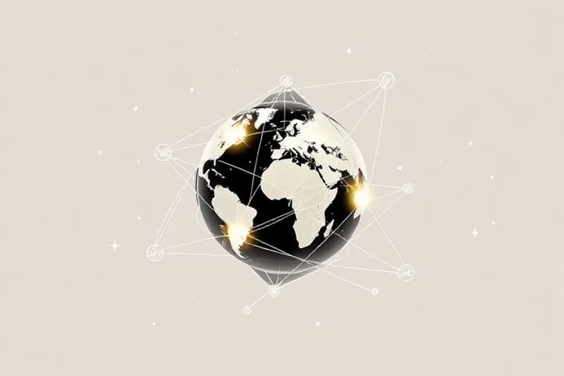 Abstract 3D render of interconnected glowing lines and nodes symbolizing international space treaties, linking geometric shapes representing nations against a starfield.