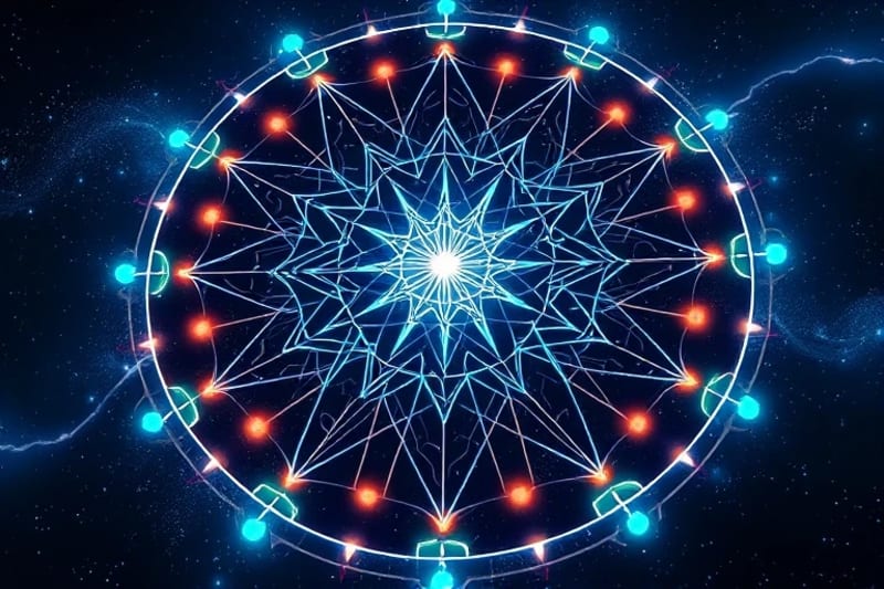 3D render of an intricate, glowing neural network superimposed over a cosmic background, with pathways connecting to subatomic particles.