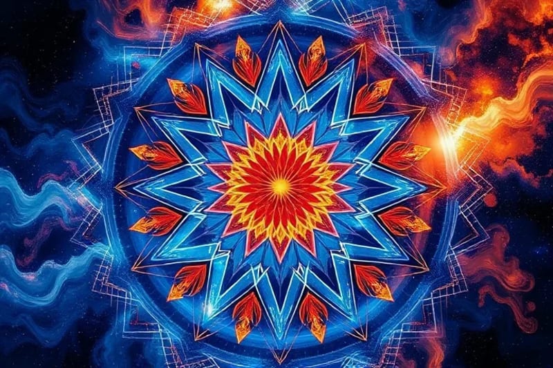 Abstract digital painting showing wave-particle duality, with fluid waves of light blending into sharp points and geometric forms.