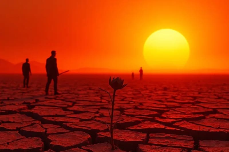 Paisaje árido con tierra agrietada y figuras distantes, simbolizando la escasez de agua y el conflicto.