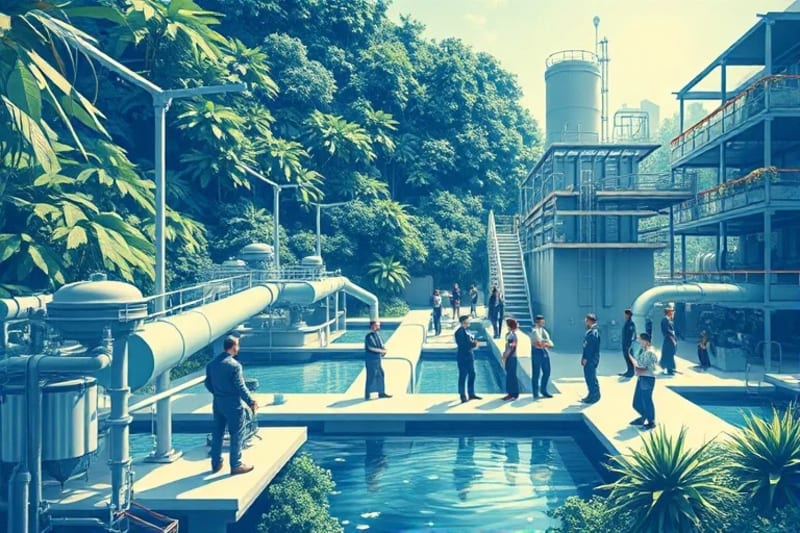 Instalaciones futuristas de tratamiento de agua y desalinización en un entorno verde, con personas colaborando.
