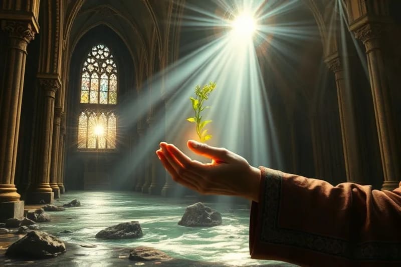 Pintura al óleo de un anciano indígena tocando una planta sagrada, símbolos ancestrales de equilibrio ecológico, colores terrosos.