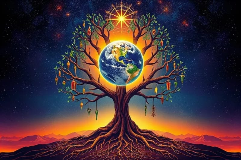 Ilustración digital de un árbol vibrante con raíces que protegen un planeta brillante, ramas que se entrelazan con símbolos cósmicos de esperanza.