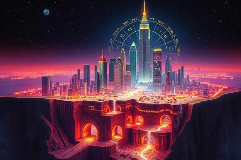 Illustration of ancient city foundations integrated with modern architectural elements, showing cosmic and telluric energy flows.