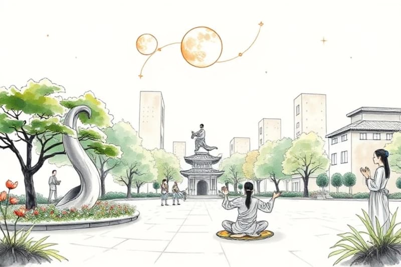 Conceptual art of a serene urban park, illustrating human connection to cosmic rhythms and natural balance within a city.