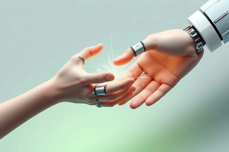 Stylized human and robotic hands with an ethical barrier