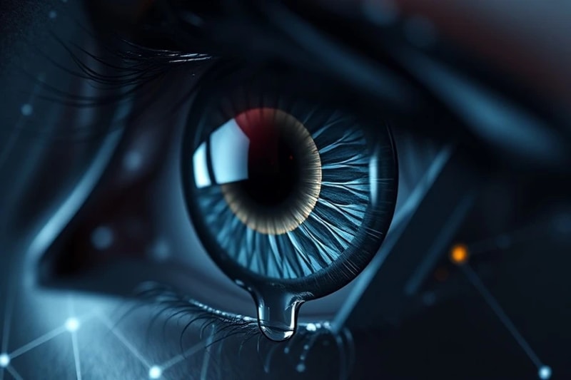 Macro shot of a metallic tear falling from a geometric eye