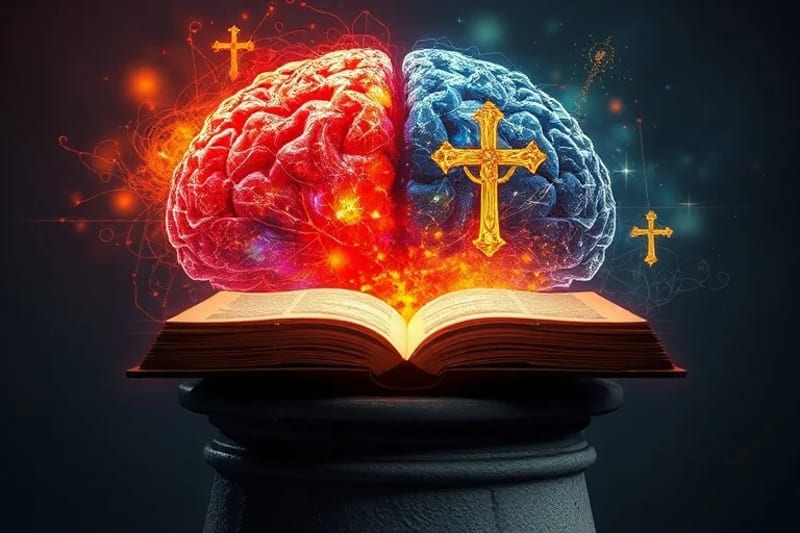 Ilustración digital de un cerebro humano entrelazado con símbolos religiosos y patrones neuronales