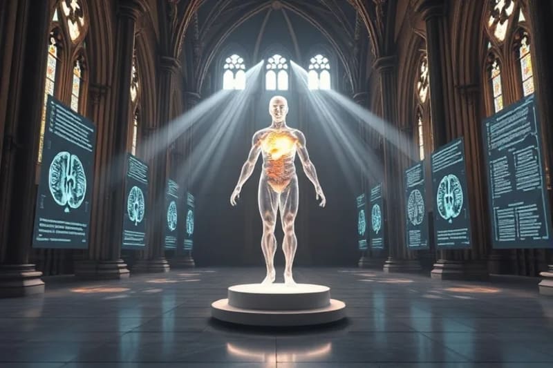 Render 3D de una figura humana translúcida con proyecciones holográficas de datos científicos y símbolos espirituales