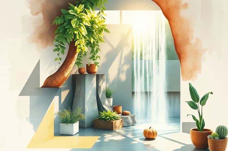 Watercolor depiction of natural elements integrated into interior design.
