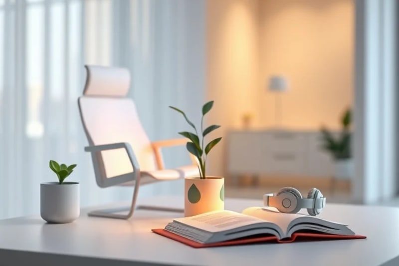 3D render of a minimalist, calming home office setup with plant and ergonomic elements.