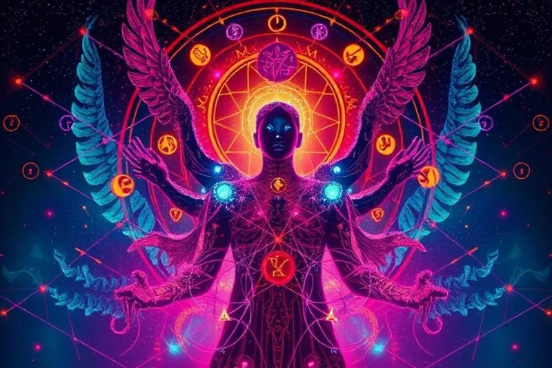 Abstract human figures connected to digital devices and natural elements by glowing lines