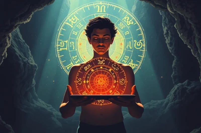 Modern individual holding a tablet displaying sacred geometry, ancient petroglyphs blending with holographic projections