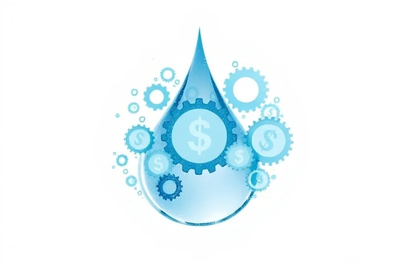 Stylized water droplet transforming into gears and dollar signs